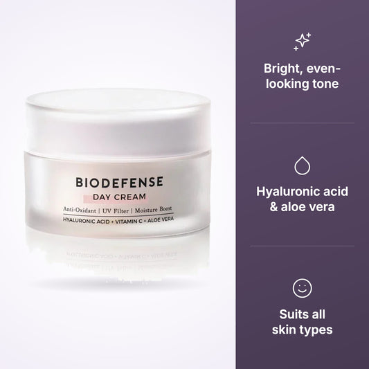 Natural Look Skincare Biodefense Day Cream 500g key benefits infographic