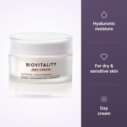 Natural Look Skincare Biovitality Day Cream 60g key benefits infographic