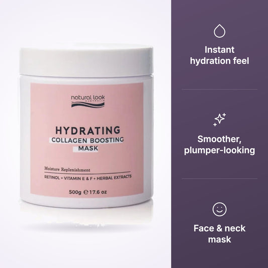 Natural Look Skincare Hydrating Collagen Boosting Mask 500g key benefits infographic