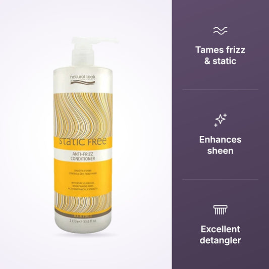 Natural Look Static Free Anti Frizz Conditioner features: tames frizz and static, enhances sheen, excellent detangler