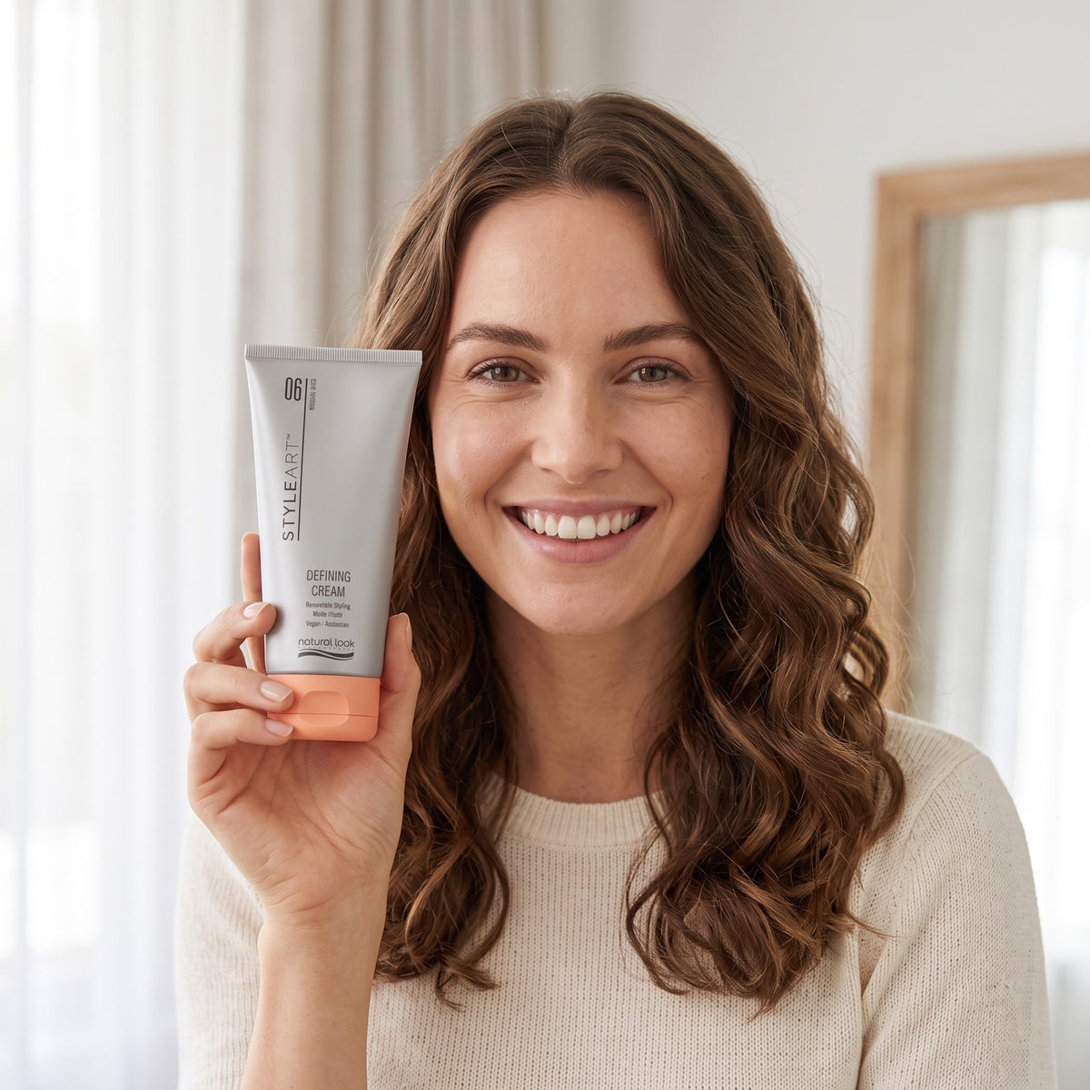 Smiling model holding the StyleArt Defining Cream