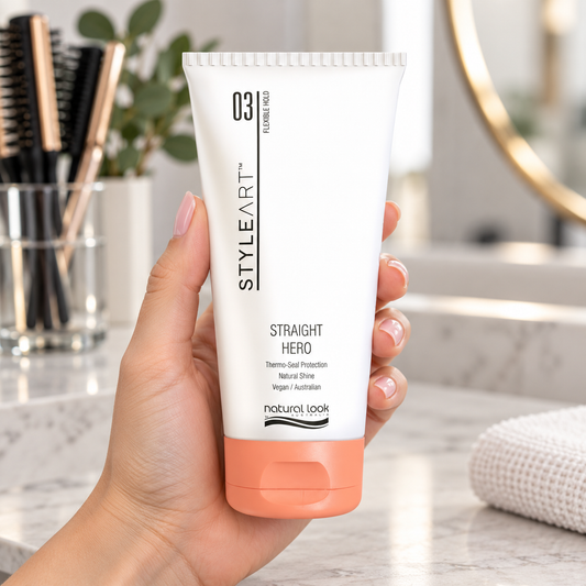 Natural Look StyleArt Straight Hero 150ml shown being handled at a salon station.
