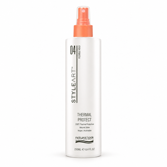 Natural Look StyleArt Thermal Protect 250ml bottle with orange pump and clear cap on white.