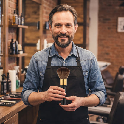 Barber holding the MV neck brush