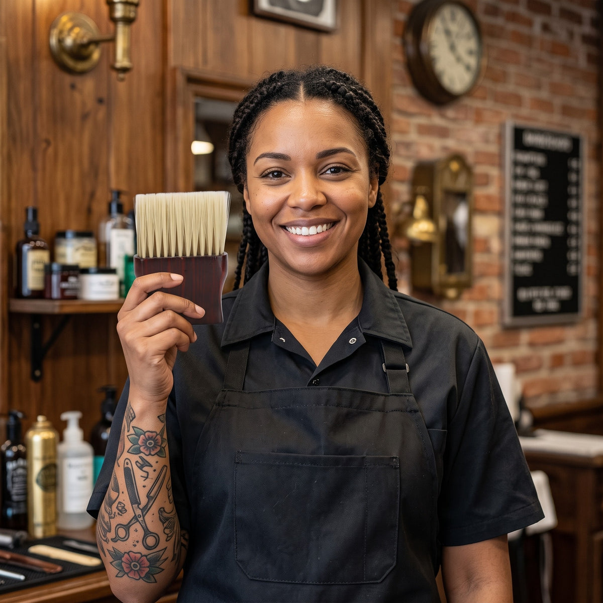 Smiling barber holding a wood handle neck brush