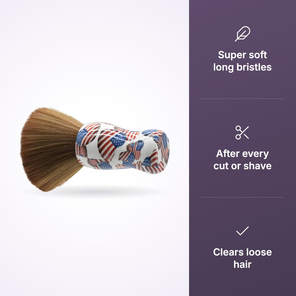 USA flag neck brush with soft brown bristles