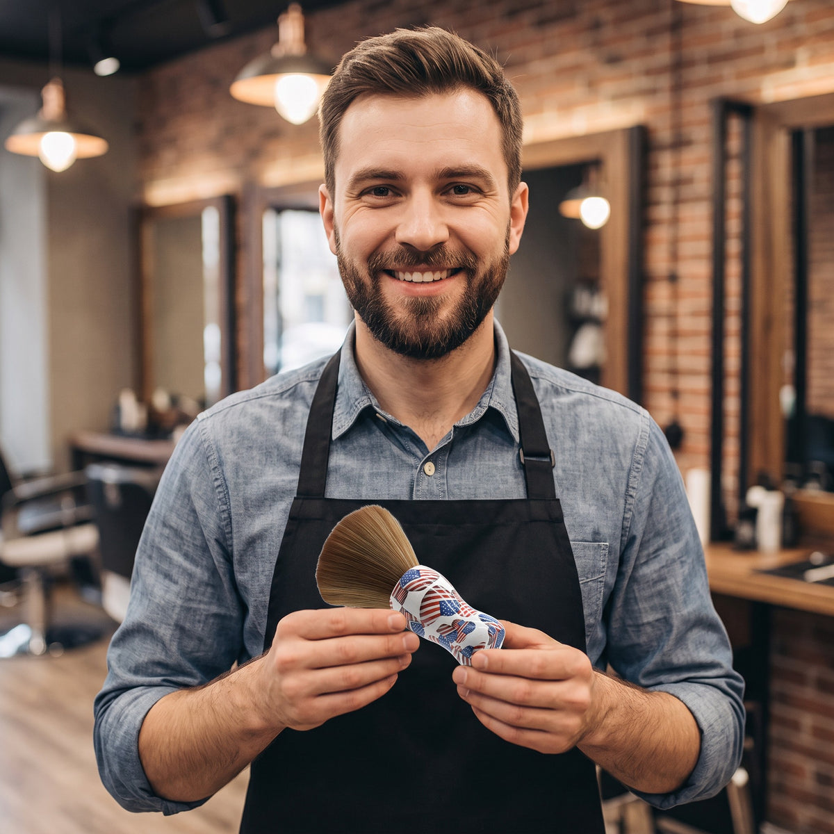 Smiling barber holding a USA flag neck brush