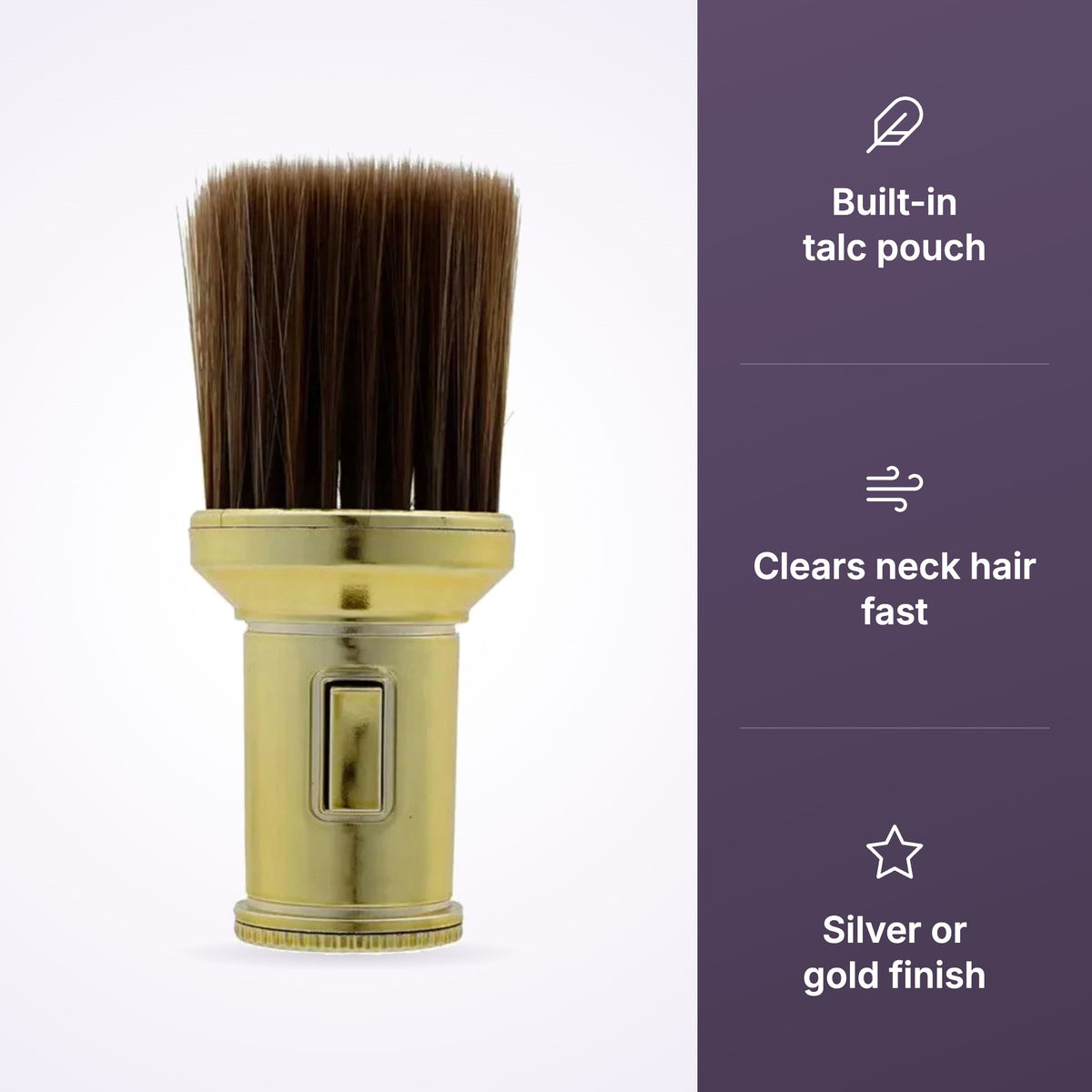 BarberTop Neck Powder Brush with built-in talc pouch, clears neck hair, silver or gold finish