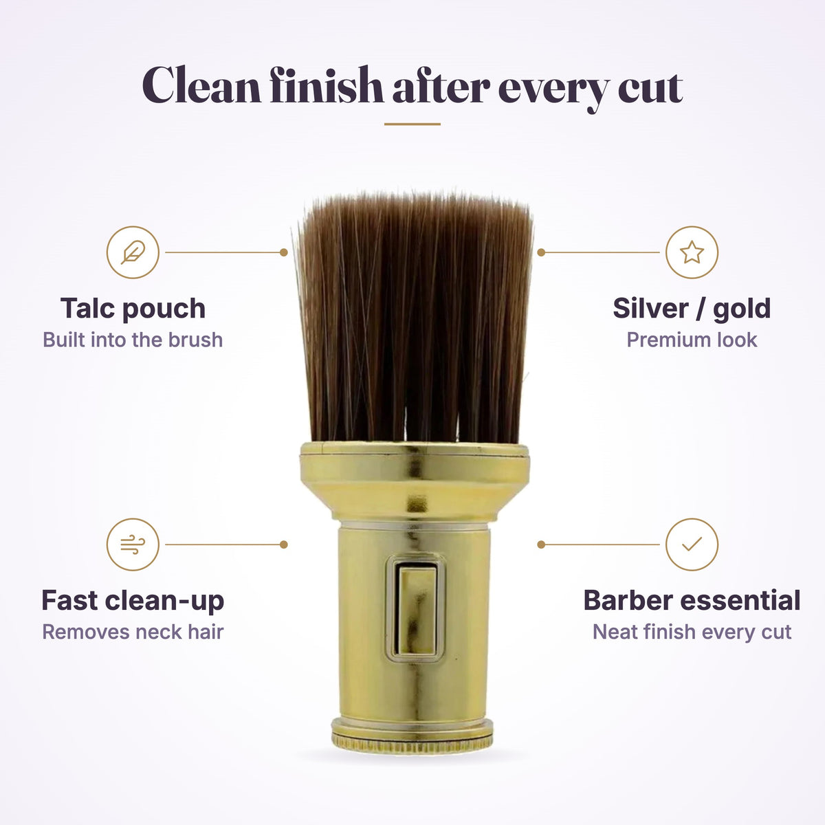BarberTop Neck Powder Brush feature graphic: talc pouch, fast clean-up, silver or gold