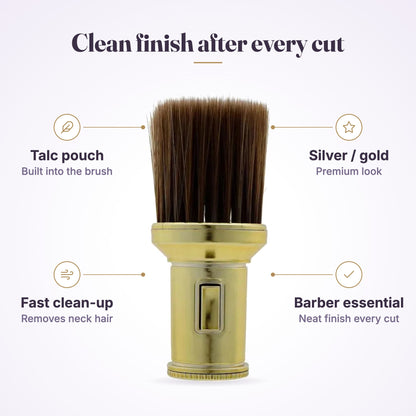 BarberTop Neck Powder Brush feature graphic: talc pouch, fast clean-up, silver or gold
