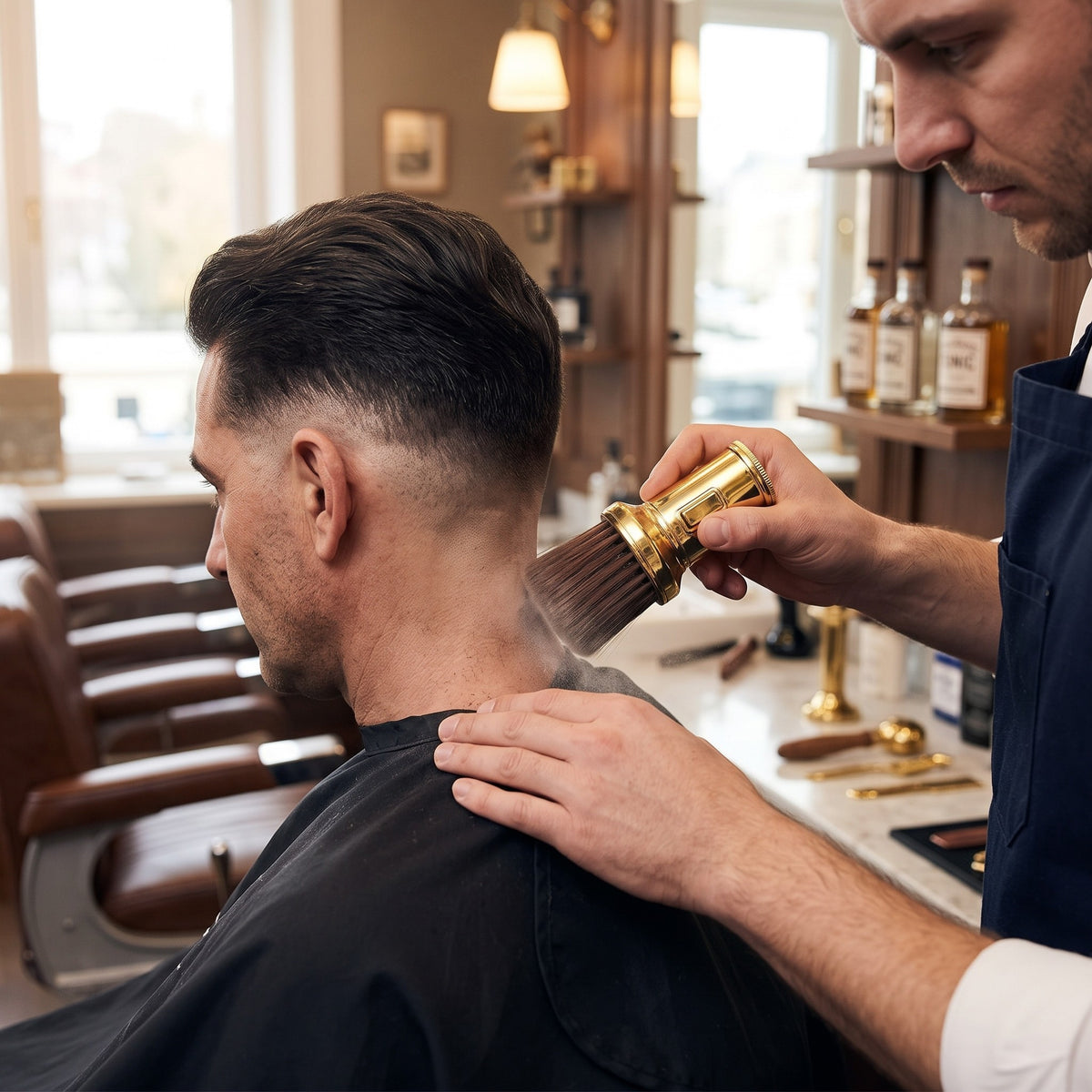Barber using the BarberTop Neck Powder Brush on a client after a cut