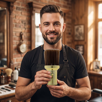 Barber holding the gold BarberTop Neck Powder Brush in a barbershop