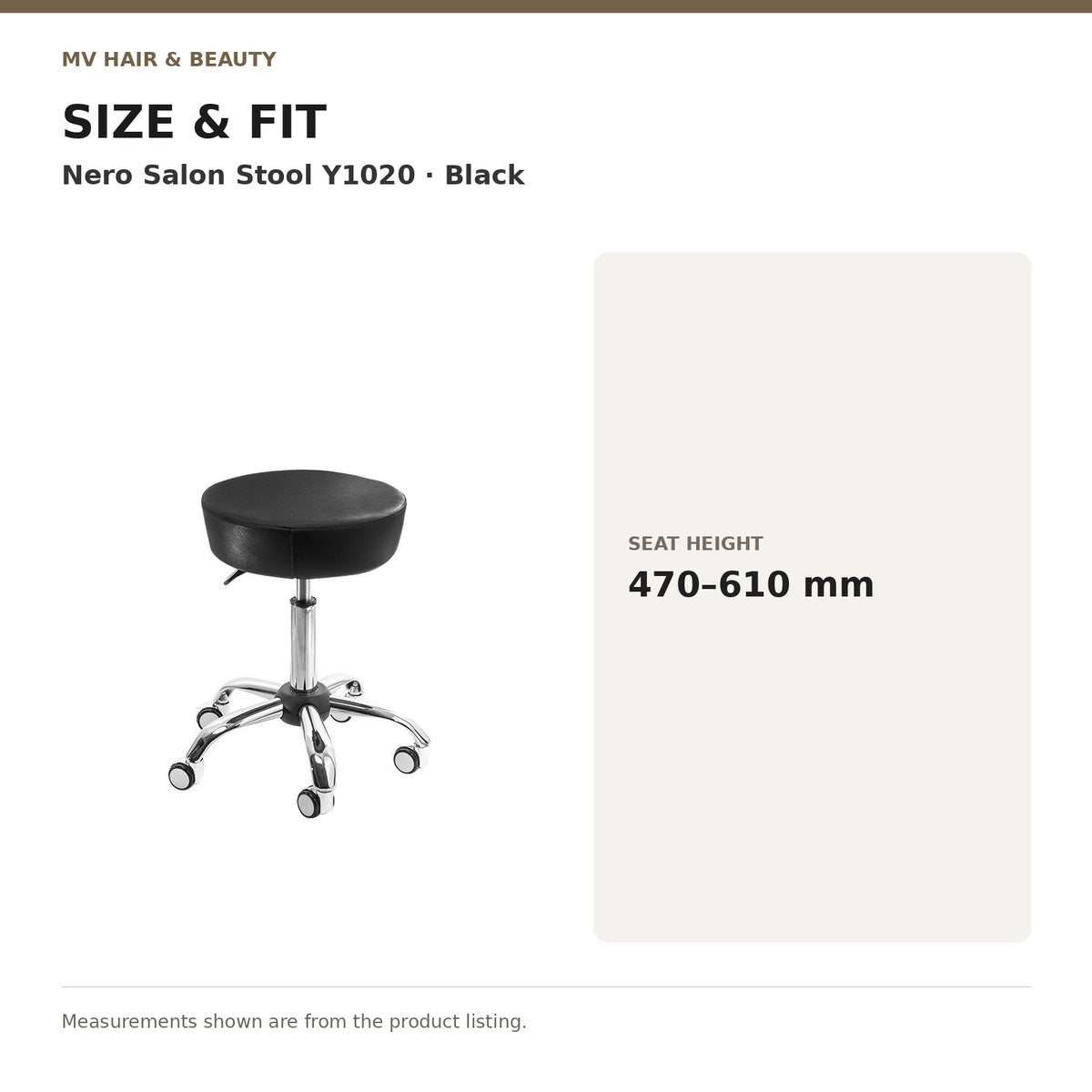 Nero Salon Stool Y1020 – Black dimensions: Seat height: 470–610 mm