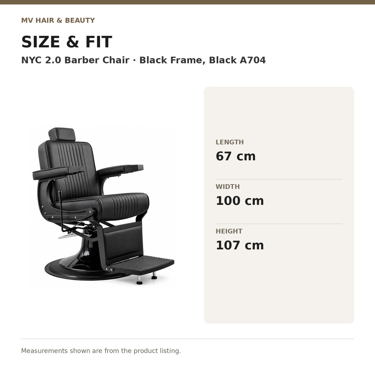 NYC 2.0 Barber Chair – Black Frame, Black A704 dimensions: Length: 67 cm; Width: 100 cm; Height: 107 cm