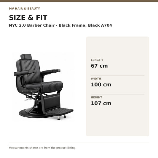 NYC 2.0 Barber Chair – Black Frame, Black A704 dimensions: Length: 67 cm; Width: 100 cm; Height: 107 cm