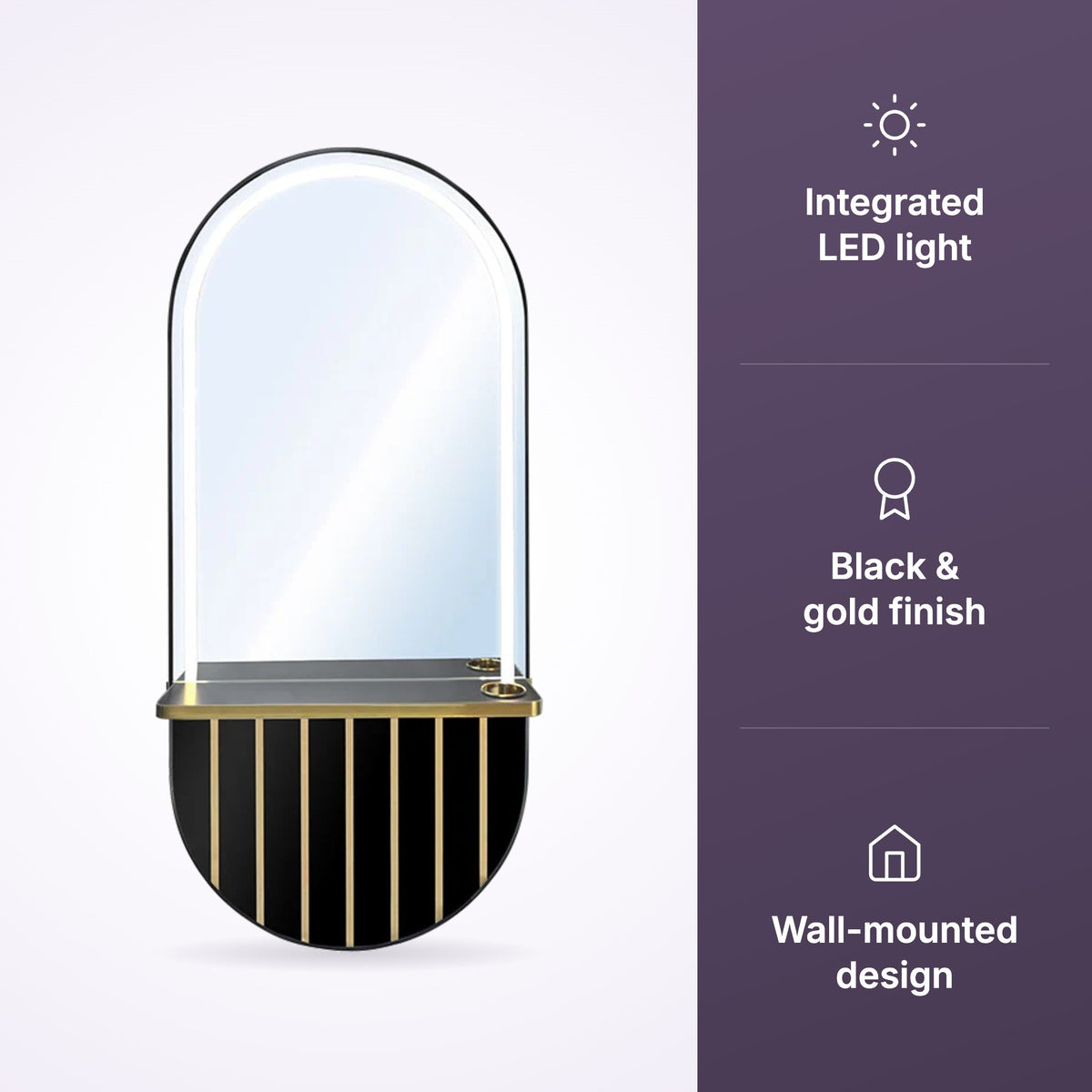 Pill Wall Mirror Station Black Gold with LED Light, view 3