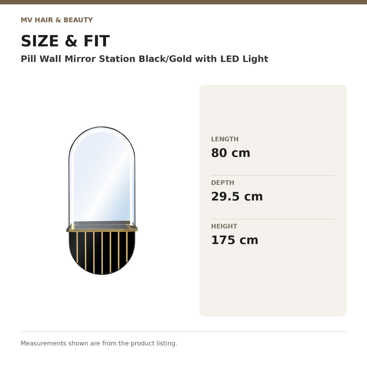 Pill Wall Mirror Station Black/Gold with LED Light dimensions: Length: 80 cm; Depth: 29.5 cm; Height: 175 cm