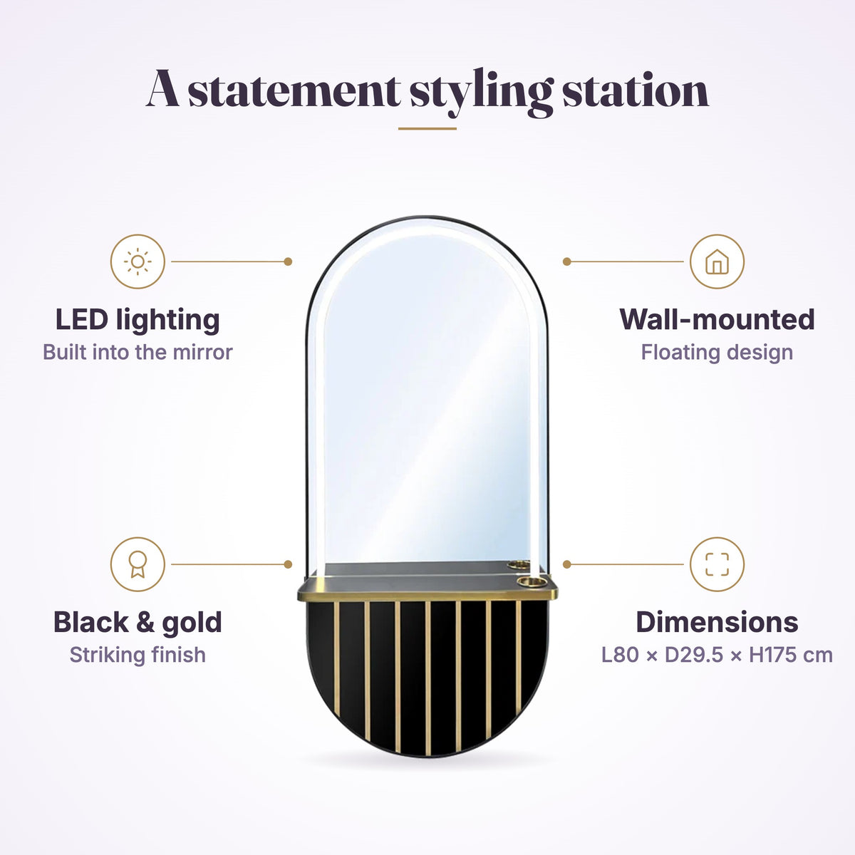 Pill Wall Mirror Station Black Gold with LED Light, view 5