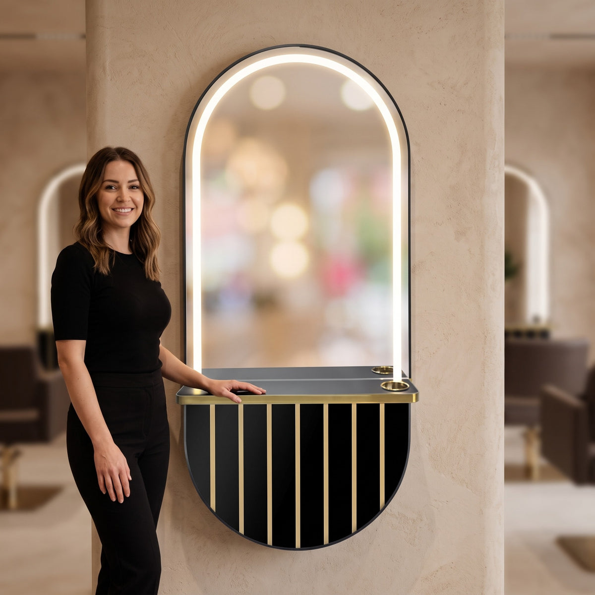 Pill Wall Mirror Station Black Gold with LED Light, view 6