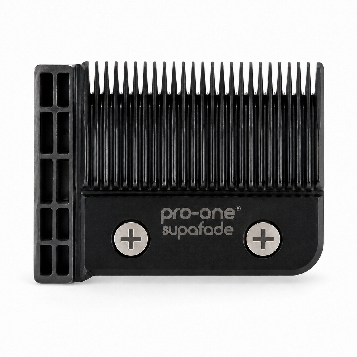 Pro-One Advanced Supafade ACME clipper blade with Phillips screws on white background