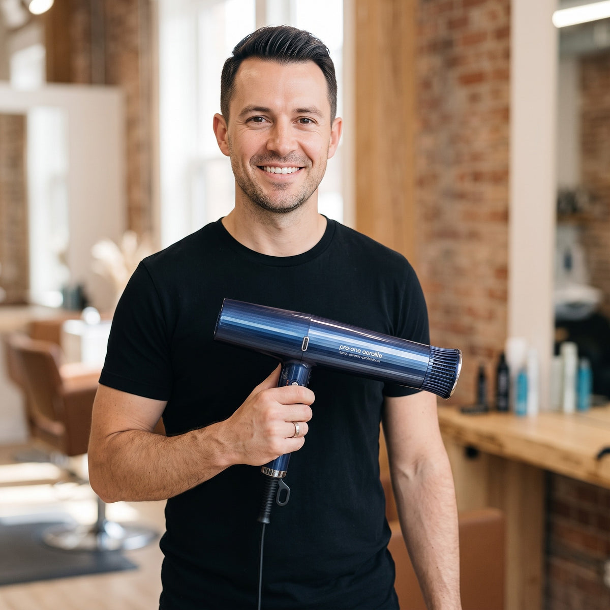 Stylist holding the Pro-One Aerolite Blue Sapphire hairdryer in a salon