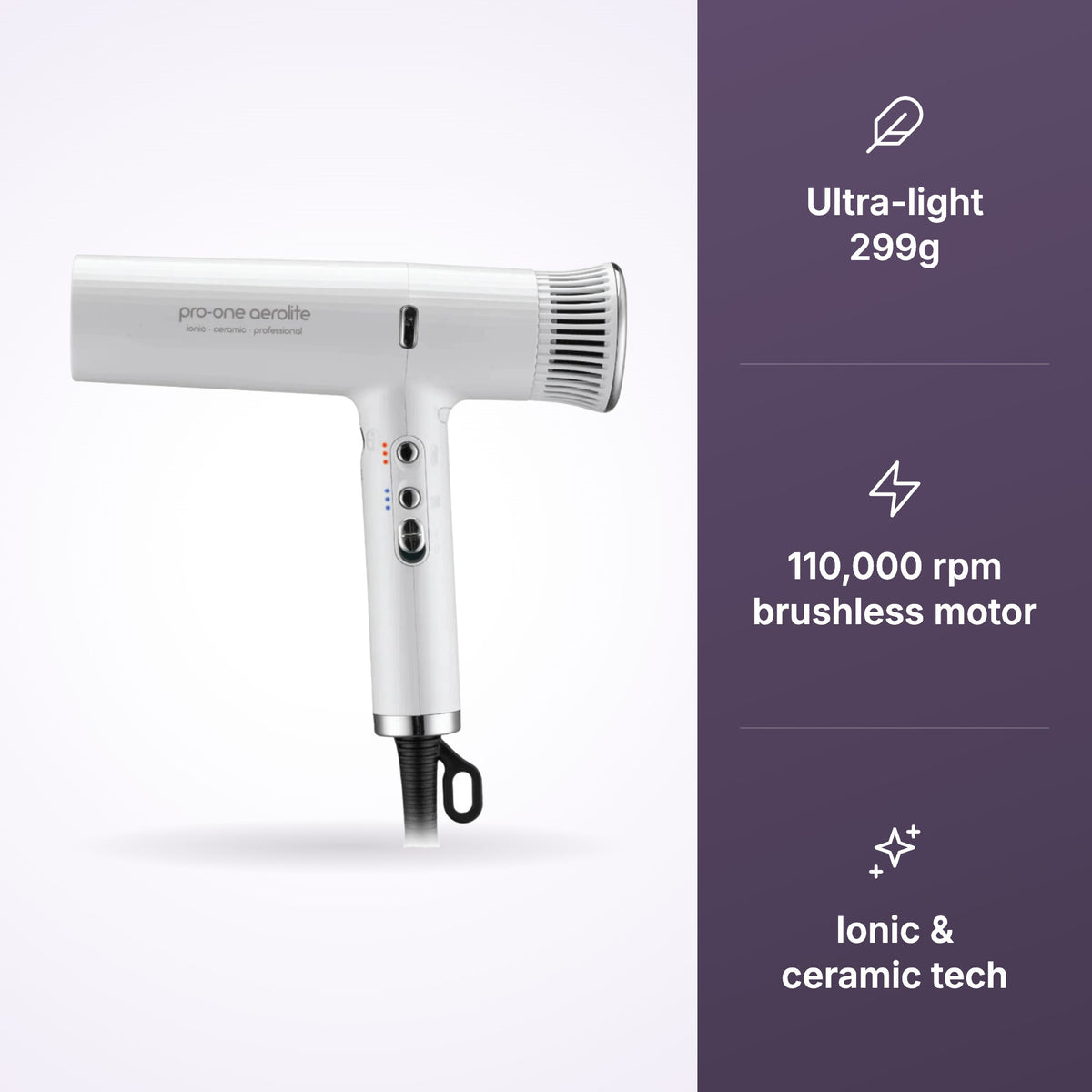 Pro-One Aerolite Hairdryer features: ultra-light 299g, 110,000 rpm brushless motor, ionic and ceramic tech