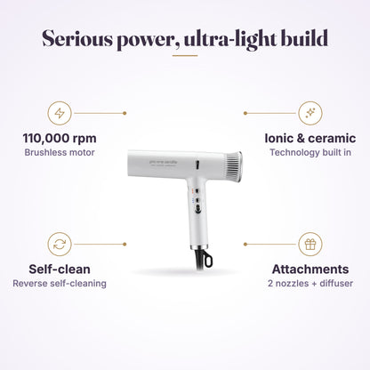 Pro-One Aerolite Hairdryer specs: 110,000 rpm brushless motor, ionic and ceramic, self-clean, 2 nozzles and diffuser