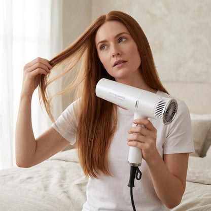 Woman drying her hair with the Pro-One Aerolite Hairdryer in Pearl White