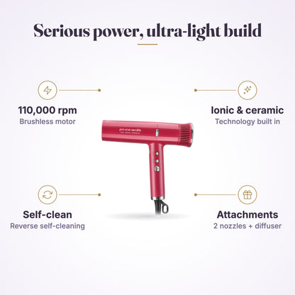 Pro-One Aerolite Pink Diamond infographic: 110,000 rpm, ionic and ceramic, self-clean, nozzles and diffuser