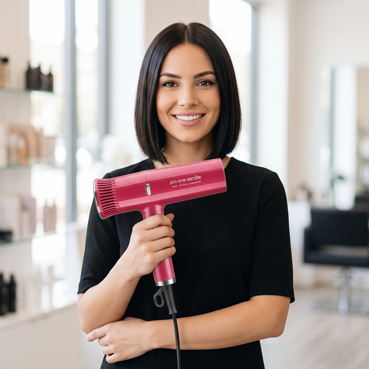 Stylist holding the Pro-One Aerolite Pink Diamond hairdryer in a salon
