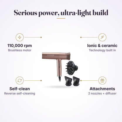 Pro-One Aerolite Rose Gold infographic: 110,000 rpm, ionic and ceramic, self-clean, nozzles and diffuser