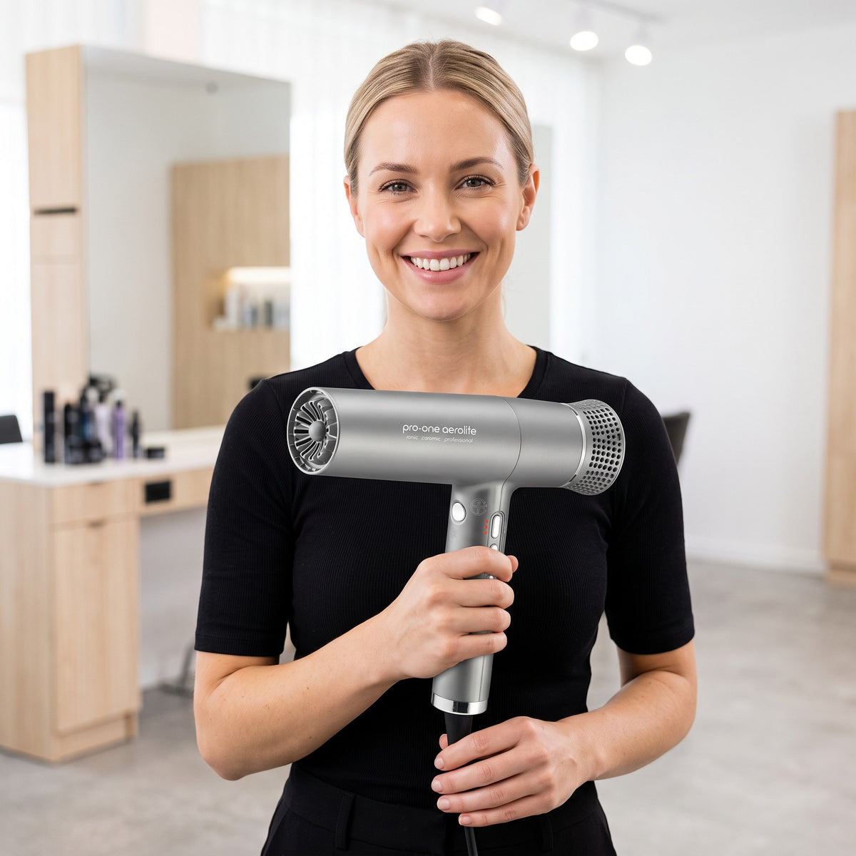 Stylist holding the Pro-One Aerolite Titanium hairdryer in a salon