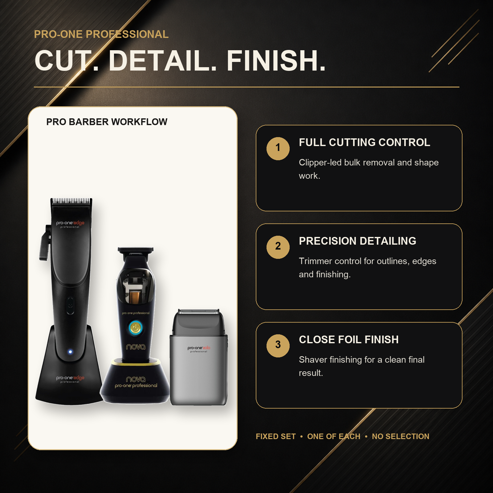 Pro-One Edge, NOVA & Solo Complete Barber Trio barber workflow: clipper cutting, trimmer detailing and foil-shaver finishing