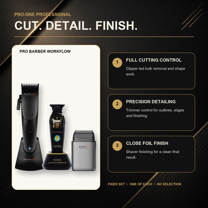 Pro-One Edge, NOVA & Solo Complete Barber Trio barber workflow: clipper cutting, trimmer detailing and foil-shaver finishing