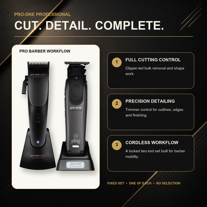 Pro-One Edge & Play Cordless Cut + Detail Duo barber workflow: clipper cutting and tapering, followed by trimmer edging and detailing