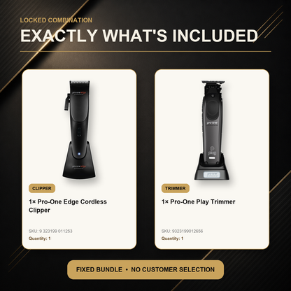 Pro-One Edge & Play Cordless Cut + Detail Duo exact included tools: one PRO-ONE EDGE CORDLESS CLIPPER, one Pro-One Play Cordless Trimmer