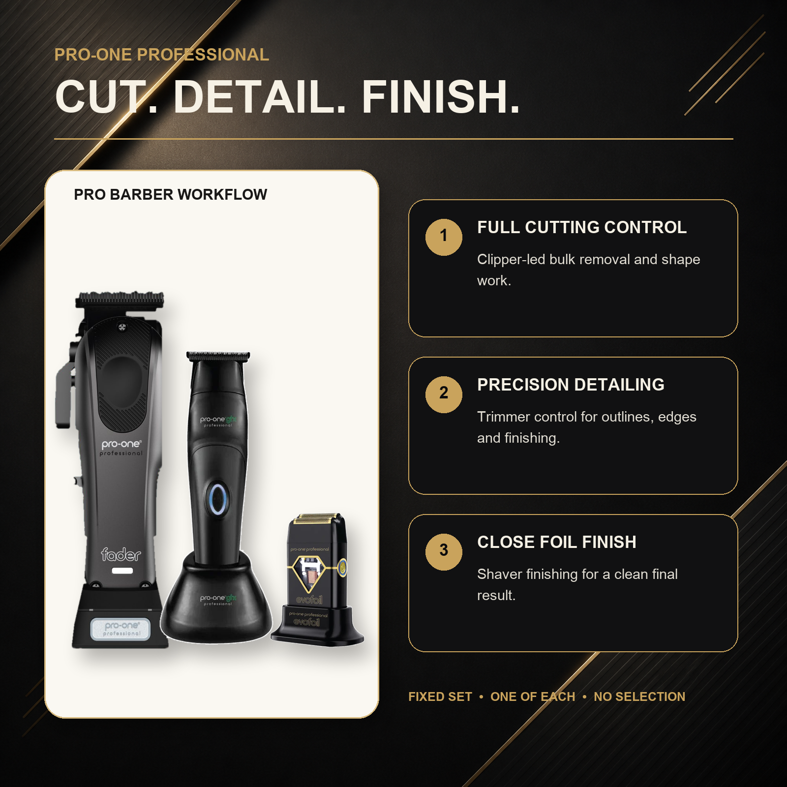 Pro-One Fader, GTX & Evofoil Professional Trio barber workflow: clipper cutting, trimmer detailing and foil-shaver finishing