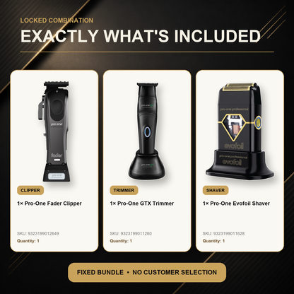Pro-One Fader, GTX & Evofoil Professional Trio exact included tools: one Pro-One Fader Cordless Clipper, one Pro-One GTX Cordless Trimmer, one Pro-One Evofoil Cordless Foil Shaver - Black PRO65