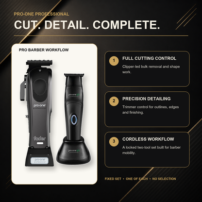 Pro-One Fader & GTX Precision Barber Duo barber workflow: clipper cutting and tapering, followed by trimmer edging and detailing