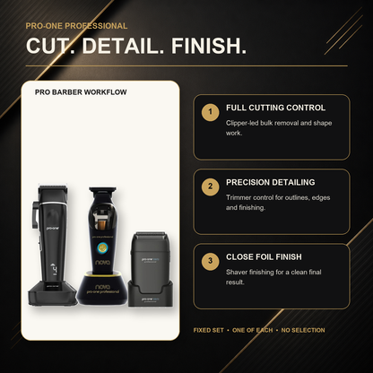 Pro-One Stealth, NOVA & Zero Black Premium Trio barber workflow: clipper cutting, trimmer detailing and foil-shaver finishing