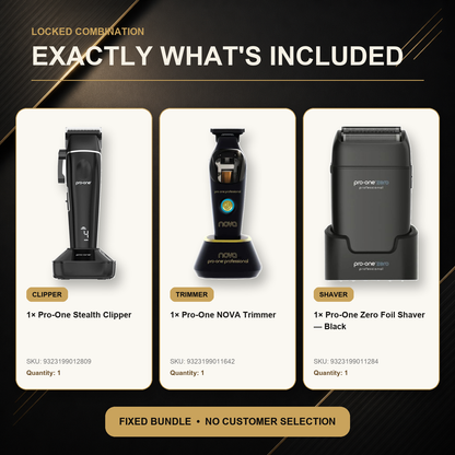 Pro-One Stealth, NOVA & Zero Black Premium Trio exact included tools: one Pro-One Stealth Clipper, one Pro-One NOVA Cordless Trimmer, one Pro-One Zero Foil Shaver — Black