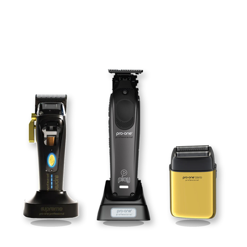 Pro-One Supreme, Play & Zero Gold Barber Trio fixed bundle exact products on a clean white background