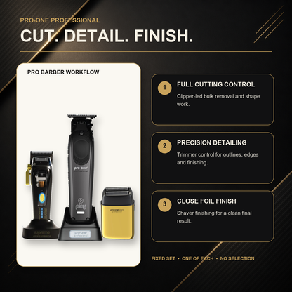 Pro-One Supreme, Play & Zero Gold Barber Trio barber workflow: clipper cutting, trimmer detailing and foil-shaver finishing