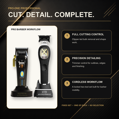 Pro-One Supreme & XTR High-Speed Barber Duo barber workflow: clipper cutting and tapering, followed by trimmer edging and detailing