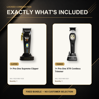 Pro-One Supreme & XTR High-Speed Barber Duo exact included tools: one Pro-One Supreme Cordless Hair Clipper, one Pro-One XTR Professional Cordless Hair Trimmer