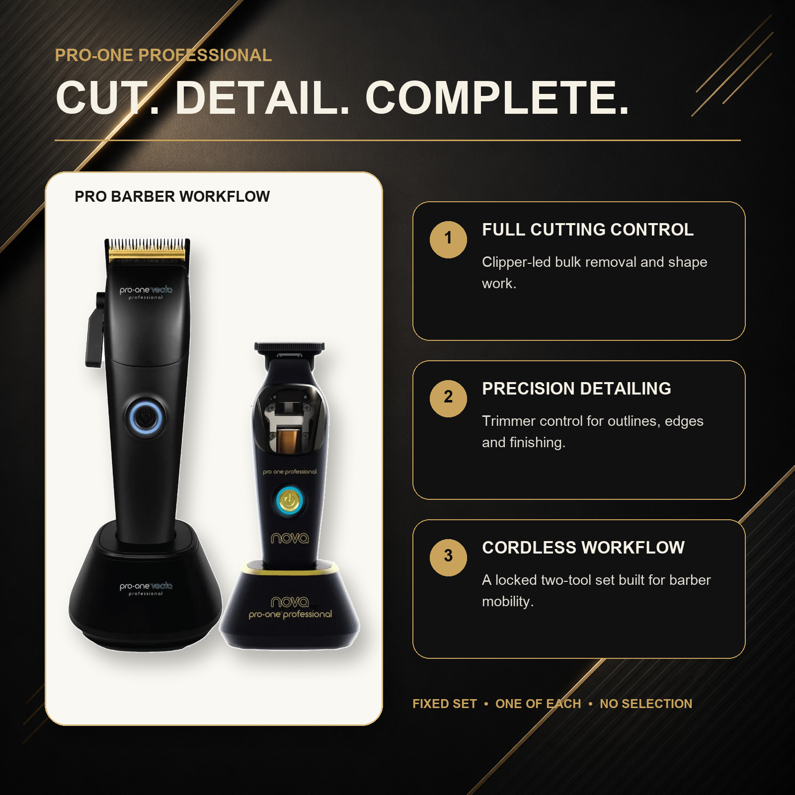 Pro-One Vecta & NOVA Professional Barber Duo barber workflow: clipper cutting and tapering, followed by trimmer edging and detailing