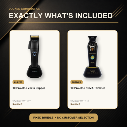 Pro-One Vecta & NOVA Professional Barber Duo exact included tools: one Pro-One Vecta Cordless Clipper, one Pro-One NOVA Cordless Trimmer