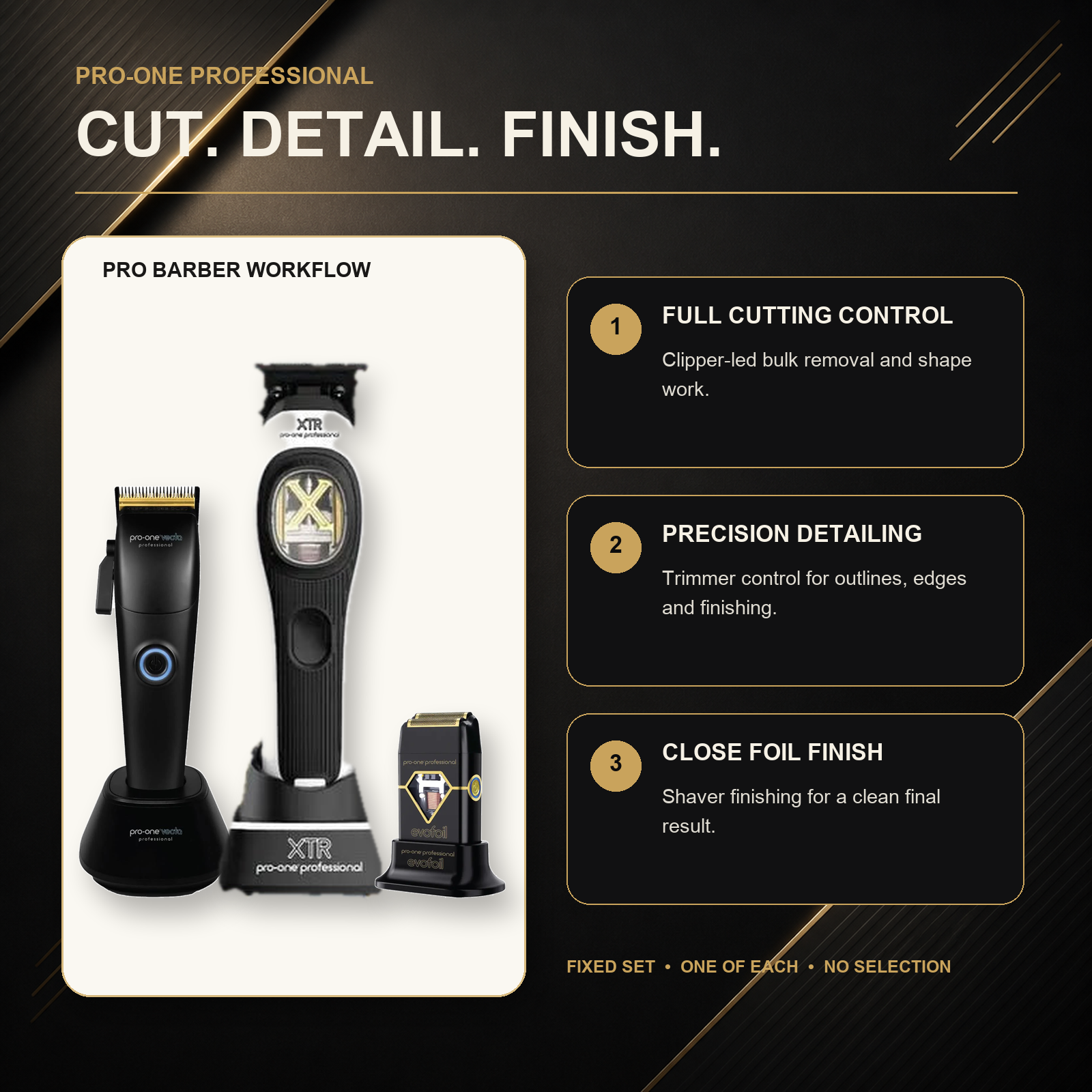 Pro-One Vecta, XTR & Evofoil Precision Trio barber workflow: clipper cutting, trimmer detailing and foil-shaver finishing