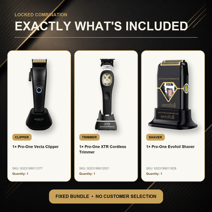 Pro-One Vecta, XTR & Evofoil Precision Trio exact included tools: one Pro-One Vecta Cordless Clipper, one Pro-One XTR Professional Cordless Hair Trimmer, one Pro-One Evofoil Cordless Foil Shaver - Black PRO65