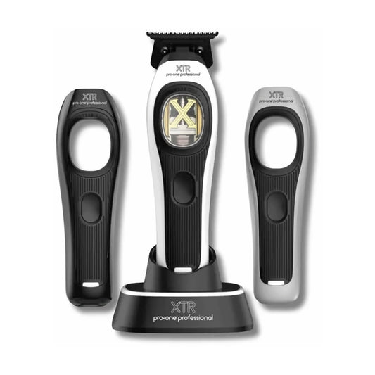 Pro-One XTR cordless hair trimmer with charging stand and three interchangeable body kits